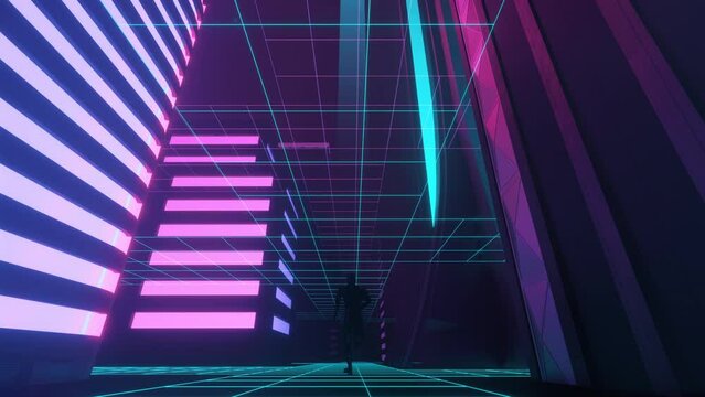 Humanoid Running Through the Cyberpunk City POV View 4K VJ Loop