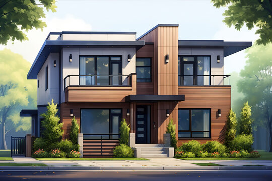 House exterior illustration front view with roof. modern townhouse apartment building facade with door and window