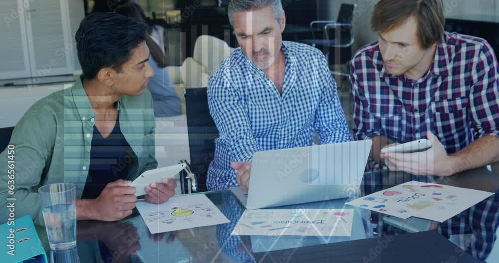 Poster animation of loading bars and circles with graphs, diverse coworkers discussing reports on laptop