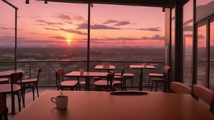 Lofi Coffee shop Scene with sunset