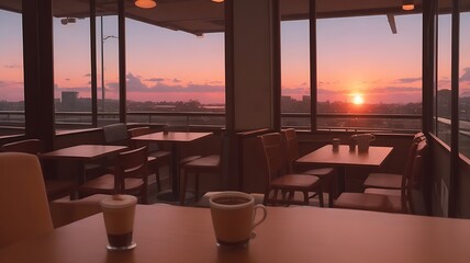 Lofi Coffee shop Scene with sunset