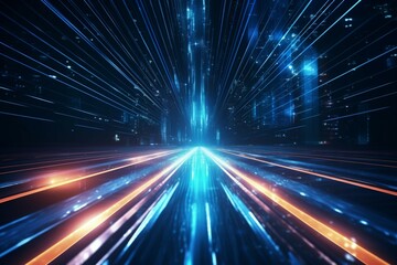 Energetic aesthetic Blue light streaks and fiber optics compose futuristic speed line backdrop Generative AI