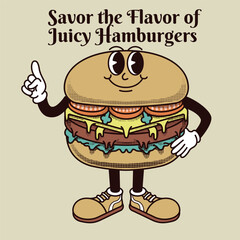Burgers Character Design With Slogan Savor the Flavor of Juicy Hamburgers