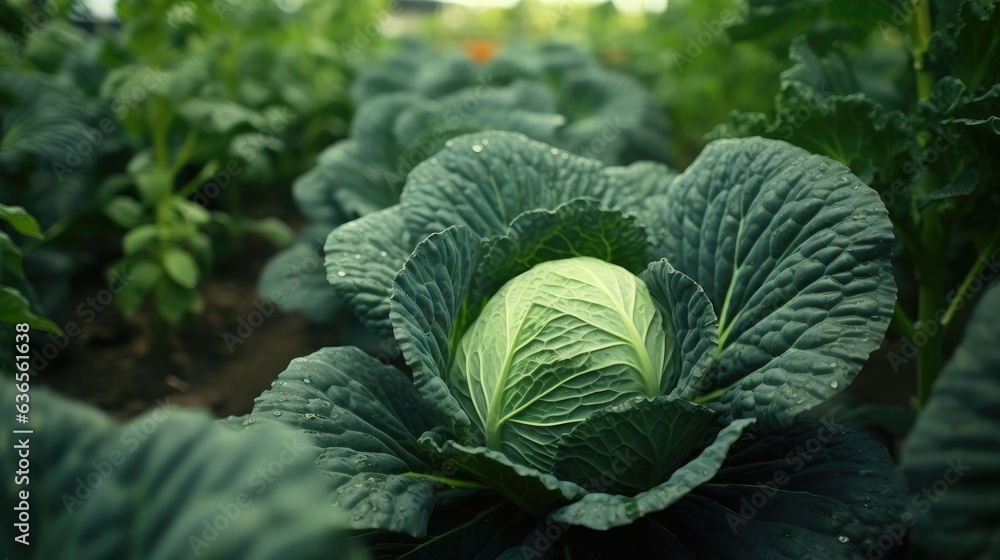 Poster background cabbage in the garden. ripe harvest. thanksgiving day created with generative ai technolo