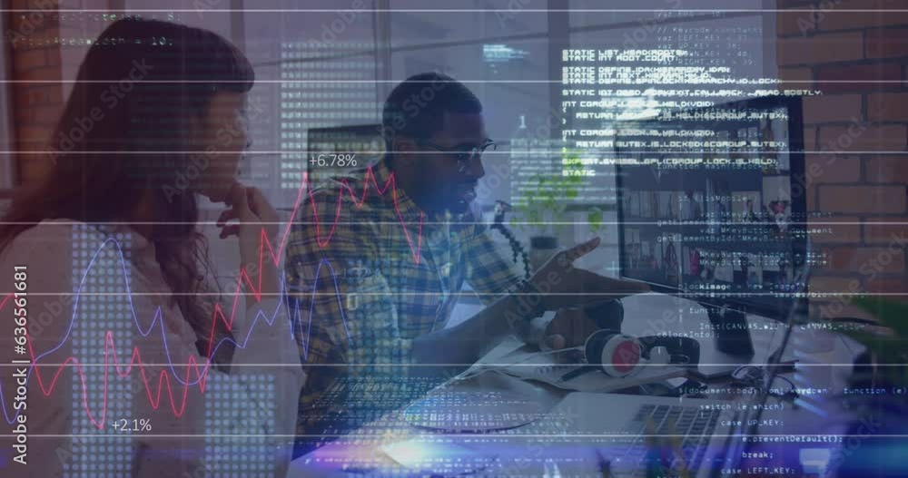 Poster animation of graphs, binary codes, computer language, diverse coworkers discussing about pictures