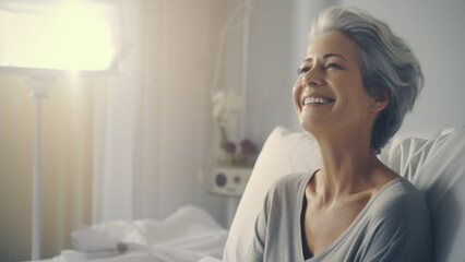Beautiful mature american adult woman patient in hospital in warm atmosphere, smiling as she got better