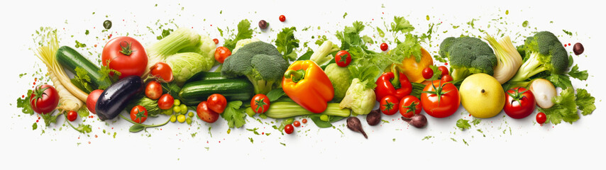 Banner with many fresh vegetables on isolated white background. Generative AI - obrazy, fototapety, plakaty