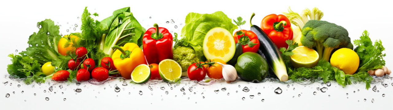 Banner with many fresh vegetables on isolated white background. Generative AI