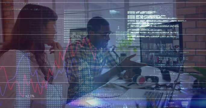 Animation of graphs, binary codes, computer language, diverse coworkers discussing about pictures - Powered by Adobe