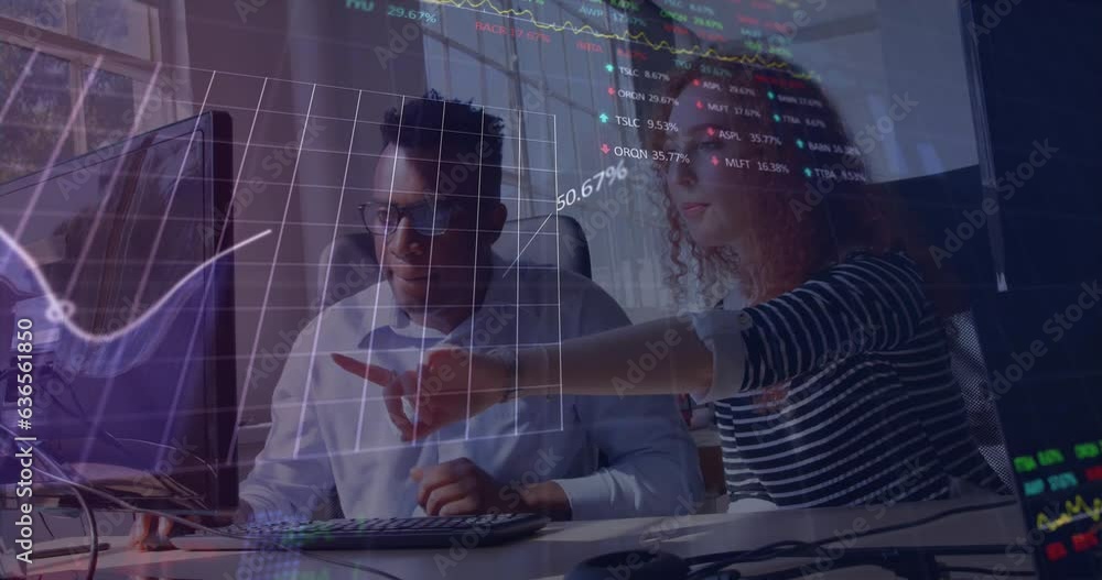 Poster animation of graphs and trading boards over diverse coworkers discussing reports on computer