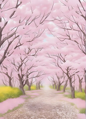 a path in the mountains where cherry blossoms fly, 
Generative AI, 생성형, 인공지능