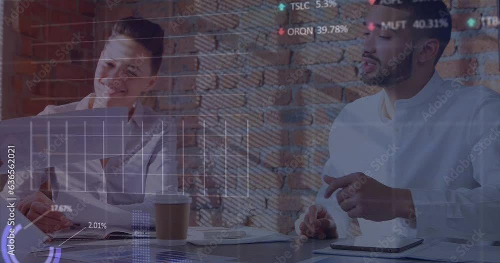 Poster animation of multiple graphs and trading boards, diverse coworkers discussing reports in office