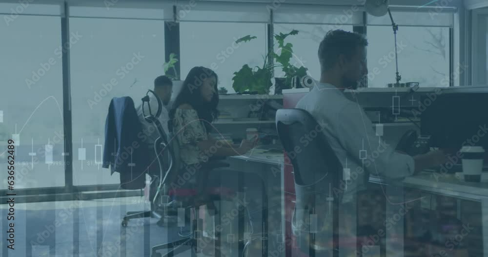 Poster animation of multiple graphs over diverse coworkers working on computer in office