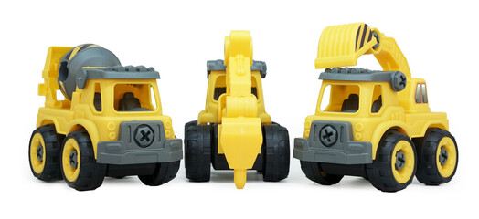 yellow plastic toy of concrete mixer and ecavator truck isolated on white background. heavy...