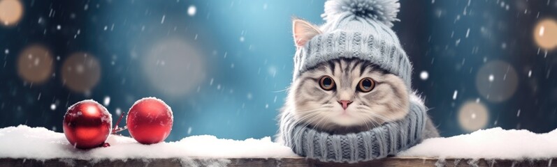 Cute cat wearing winter hat banner