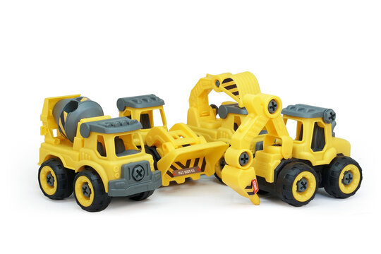 construction vehicles of concrete mixer, bulldozer, excavator truck and tractor drill isolated on white background. heavy construction vehicle.