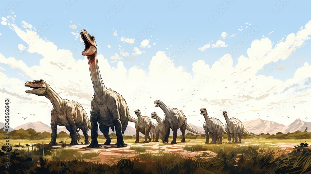 Poster a group of dinosaurs walking in a field with mountains in the background. generative ai