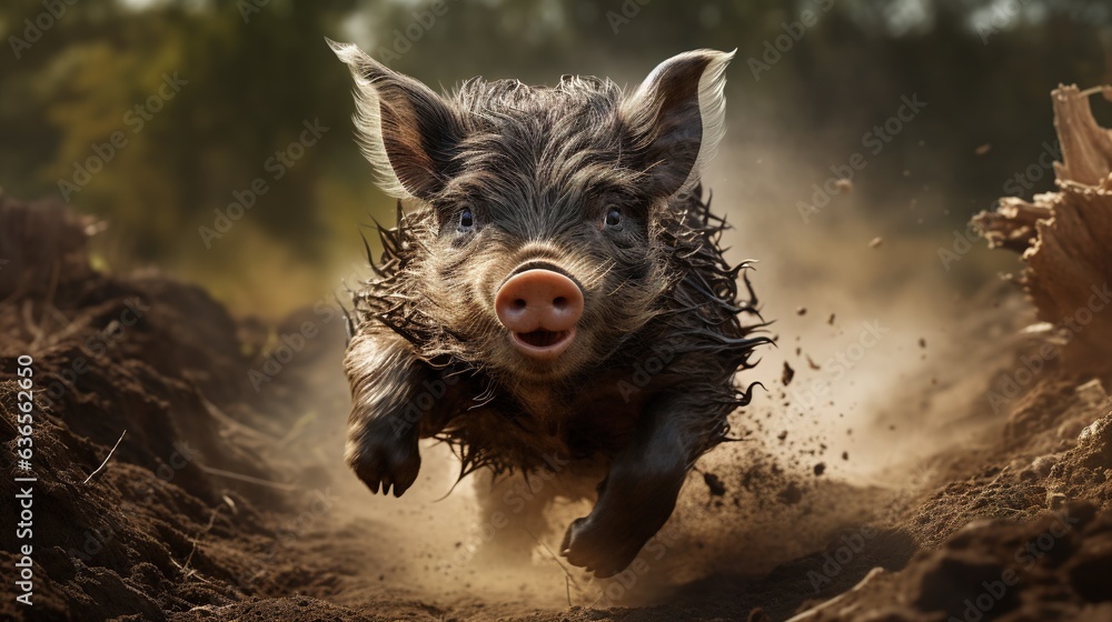 Poster a pig is running through the dirt in a field of dirt. generative ai