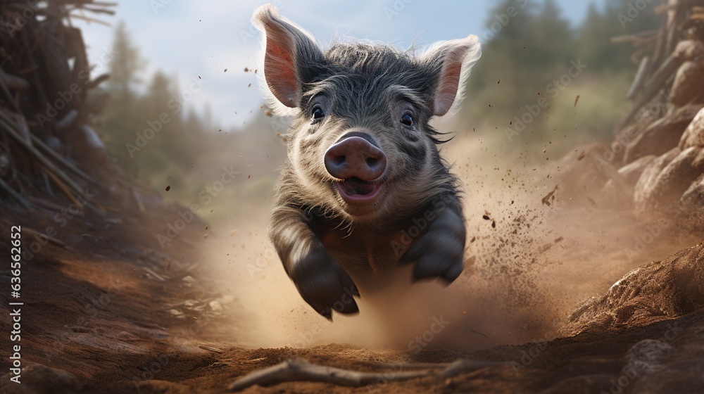 Poster a small pig is running through a dirt field with trees in the background. generative ai