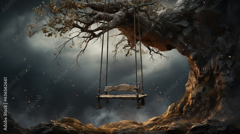 Poster a swing hanging from a tree in the middle of a field. generative ai