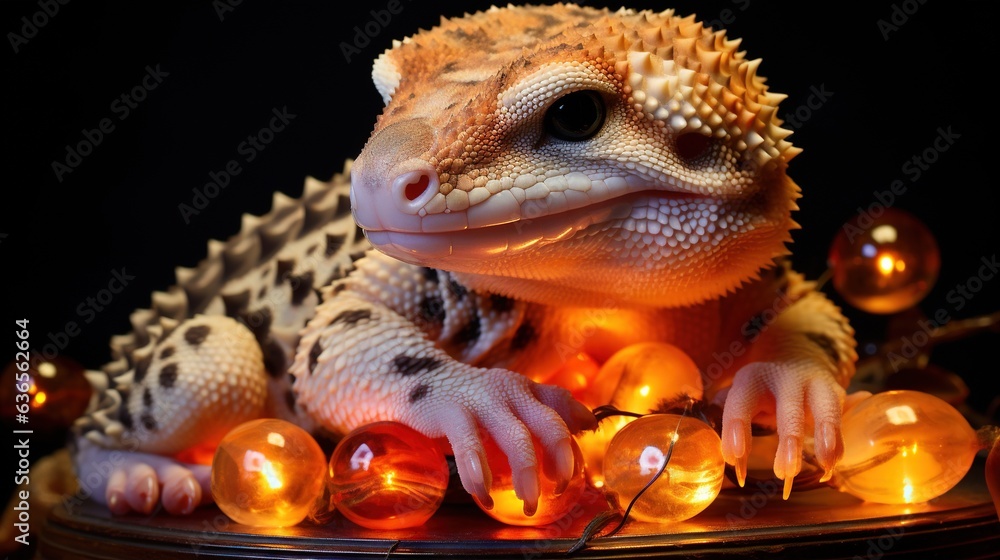 Poster a close up of a lizard on a table with lights. generative ai