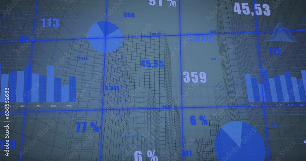 Aufkleber animation of multiple graphs with changing numbers over modern buildings against sky
