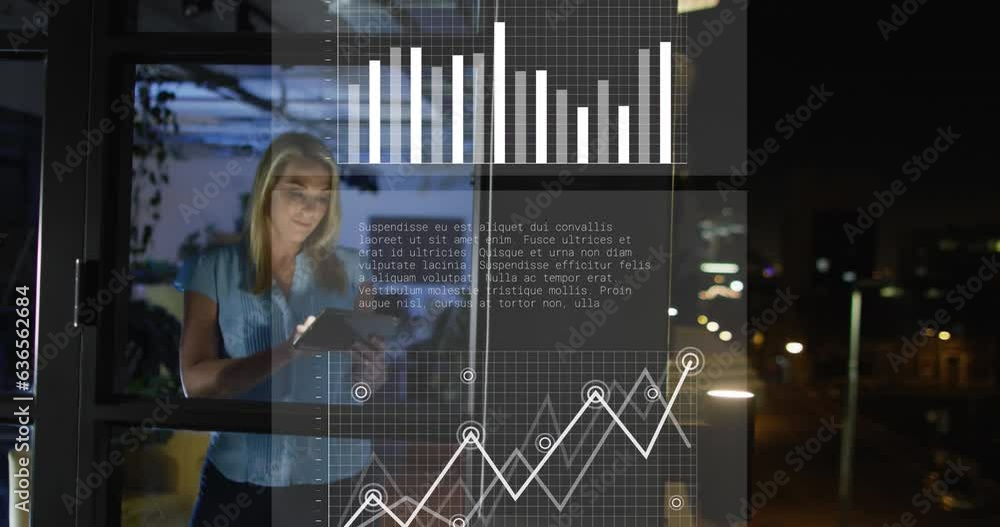 Poster animation of data processing over caucasian woman using tablet while working late at office