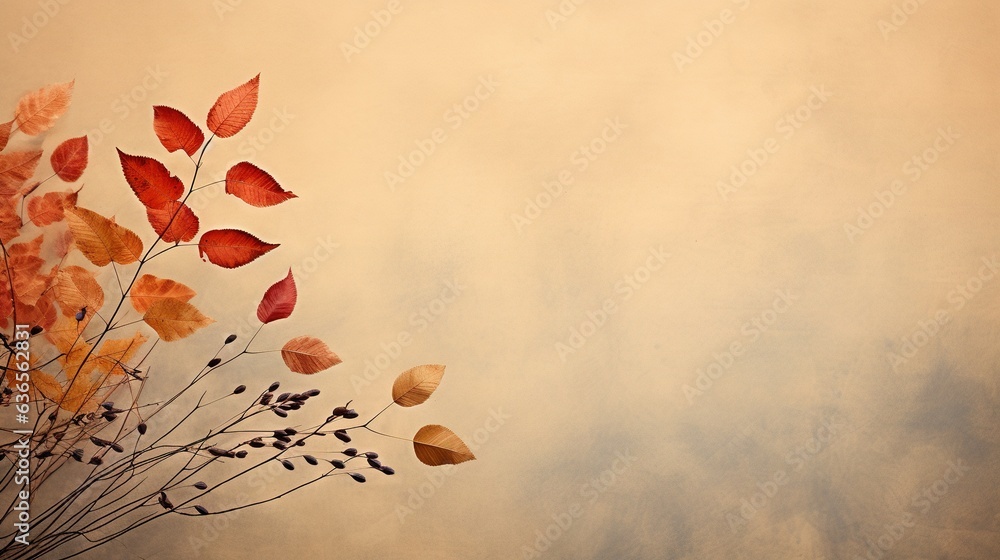 Poster a vase with a bunch of leaves in it on a table. generative ai