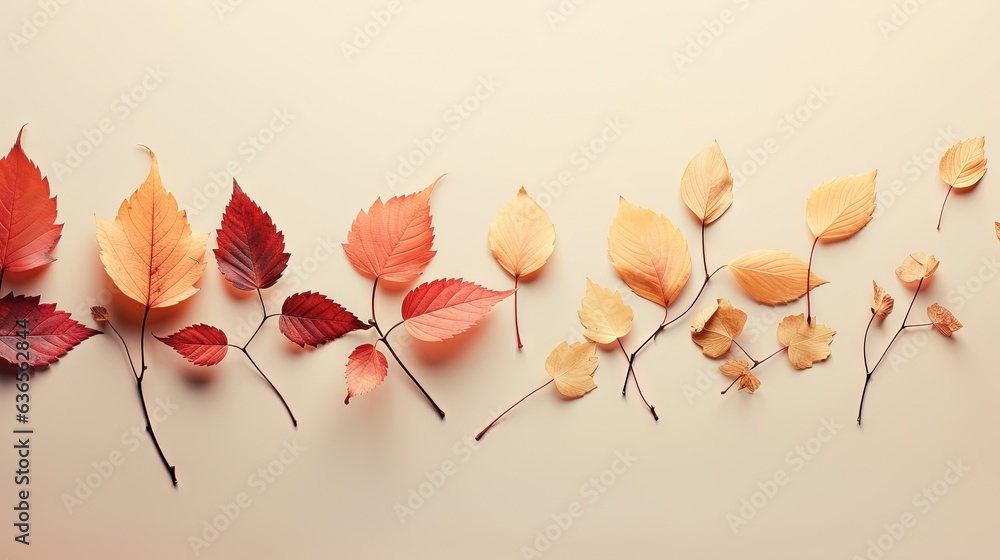 Poster a group of different colored leaves on a white surface with a white background. generative ai