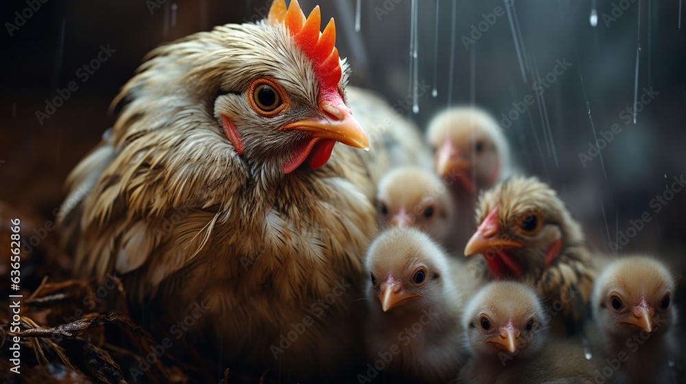 Poster a group of chickens standing next to each other on a field. generative ai
