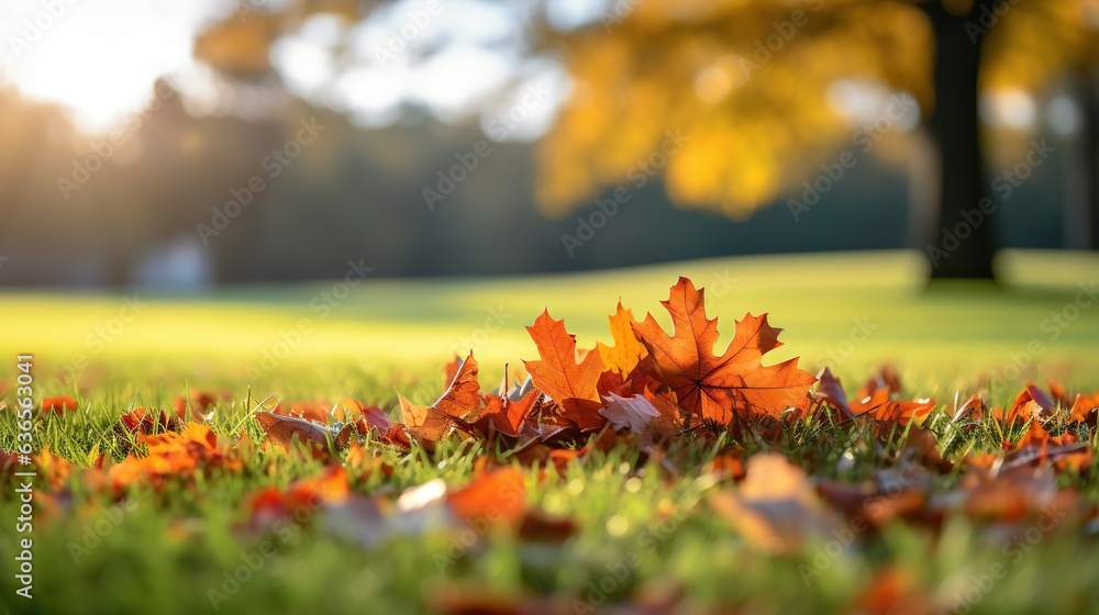 Aufkleber a field of grass with leaves on it and a tree in the background. generative ai