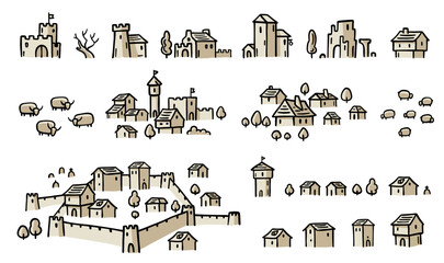 Medieval city buildings. Separate elements of the architecture map. Middle Ages. Hand drawn vector.
