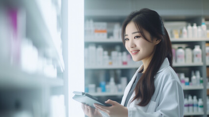 Pretty Asian woman examining drugs in a pharmaceutical company's laboratory