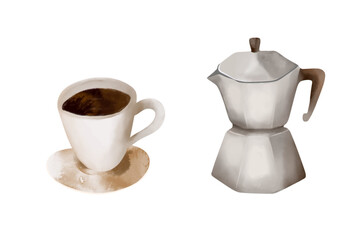 Coffee vector set, Watercolor. Italian mocha, espresso. Colorful printable set for banner, greeting card, poster, invitation