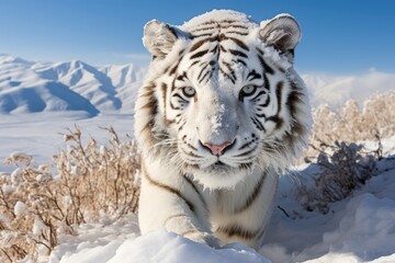 Fototapeta na wymiar Snow Tiger stalk out of snow