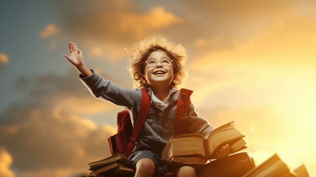 Happy smiling little boy sit on book of sunset sky , The development of the imagination of elementary school kids , Concept of education and reading , Created with Generative Ai Technology