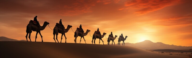 Camels in desert . Beautiful landscape banner