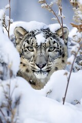 Fototapeta na wymiar Snow Leopard stalk out of snow