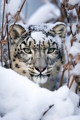 Fototapeta na wymiar Snow Leopard stalk out of snow