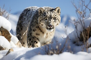 Fototapeta premium Snow Leopard stalk out of snow