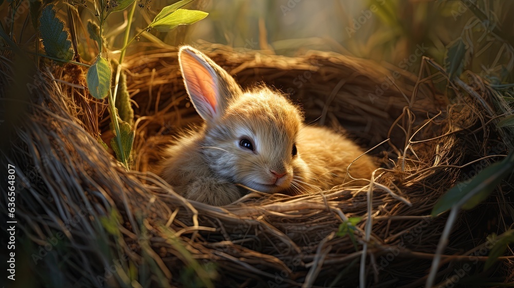 Aufkleber a small bunny sitting in a nest in a field of grass. generative ai