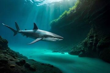Sharks underwater from inside a cave underwater