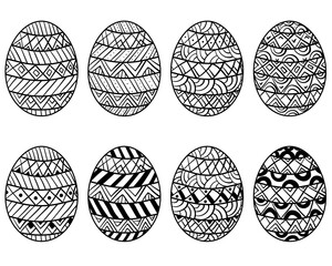 Outline set of Easter eggs with fantasy geometric patterns, coloring page for holiday activity