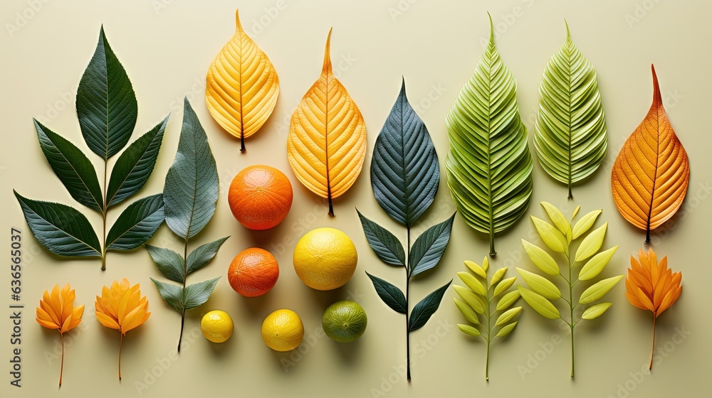 Poster a group of different types of leaves and fruit on a table. generative ai