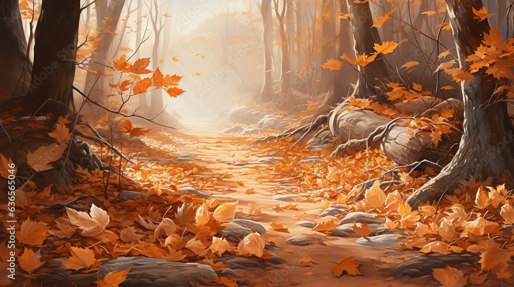 Poster a painting of a path in a forest with leaves on the ground. generative ai