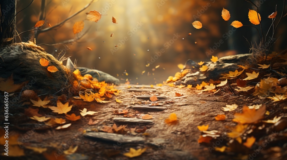 Poster a path in the woods with leaves falling from the trees. generative ai