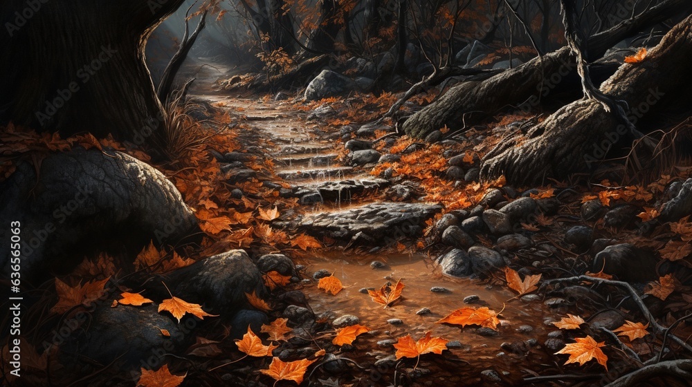 Poster a painting of a path in a forest with leaves on the ground. generative ai