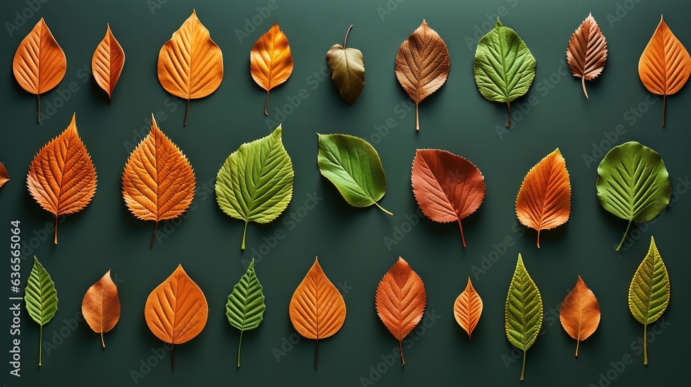 Poster a collection of different colored leaves on a green background with a black background. generative a