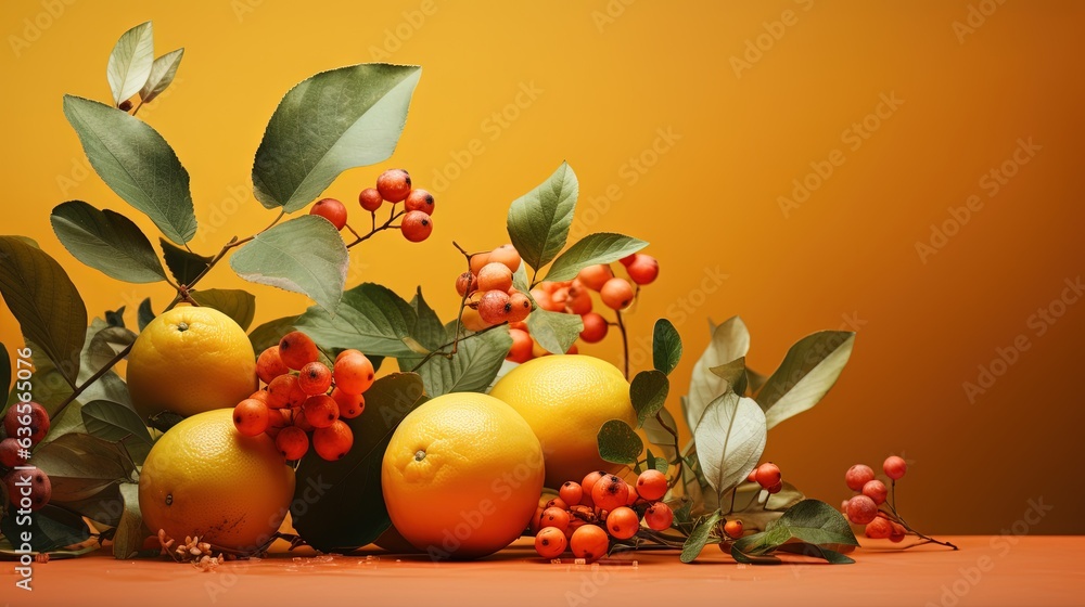 Poster a bunch of oranges and berries on a table with leaves. generative ai