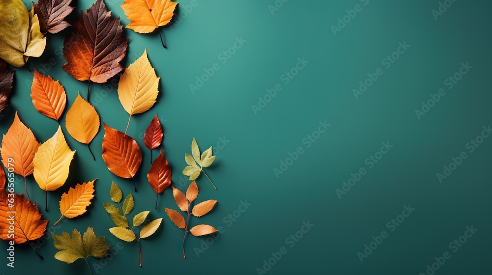 Poster a group of colorful leaves on a green background with space for text. generative ai